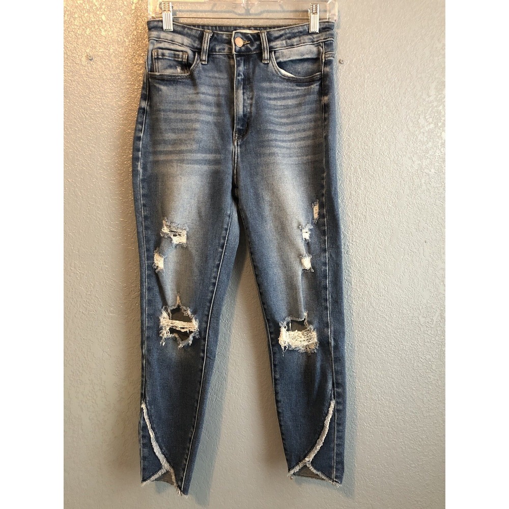 KanCan Jeans 28 Curvy Ultra High Rise Frayed Ankle Skinny Hem Denim Boho FLAWED